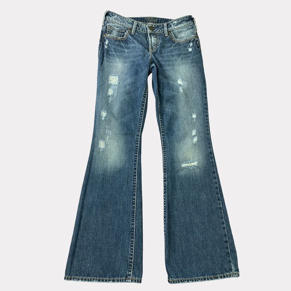 Silver Jeans Womens  28x32 Blue Aiko Flare Distressed‎ Whiskered Stretch Denim - Picture 2 of 16